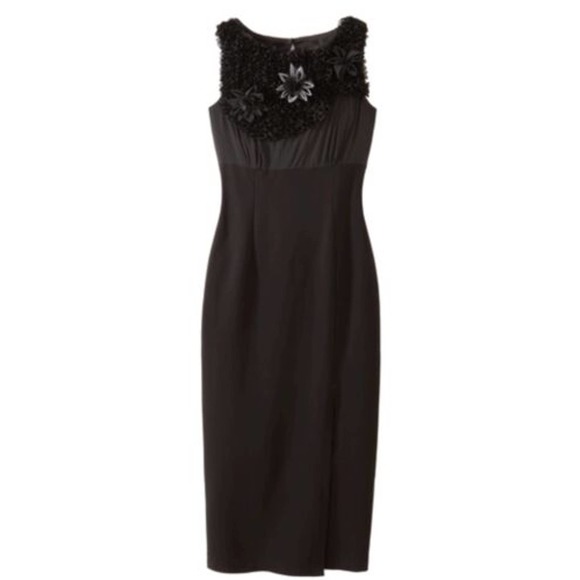 NEW Spiegel Black Floral Applique Sheath Dress Ruffled Bodice Stretch Silk Sz 2 - Picture 1 of 3